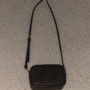 Tory Burch Black Pebbled Leather Camera Crossbody with Logo